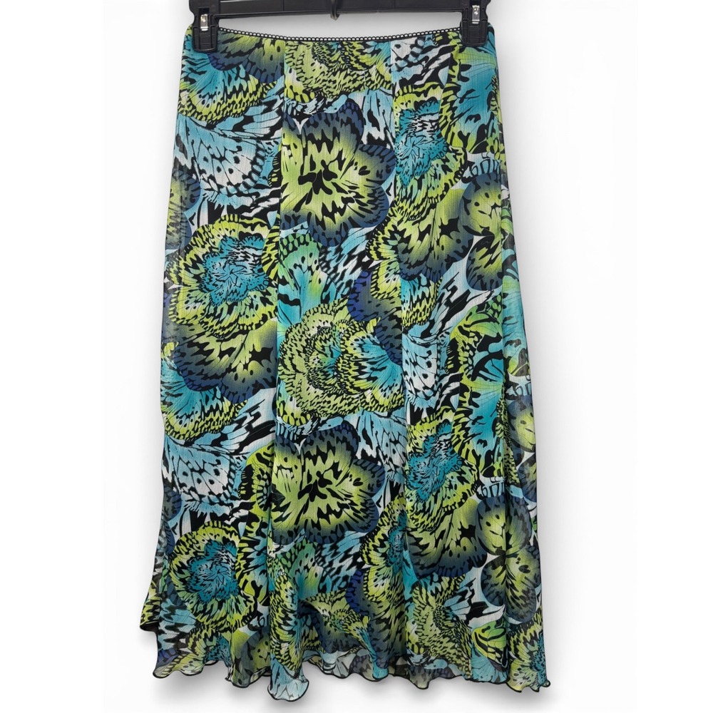 VTG Notations Petite PM Blue Green Butterfly Print Midi Skirt Lettuce Hem